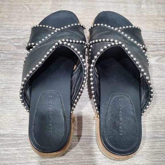 Zara Black Silver Studded Cross Strap Slides Womens 9 Open Toe Slip On Sandals - Picture 4 of 15